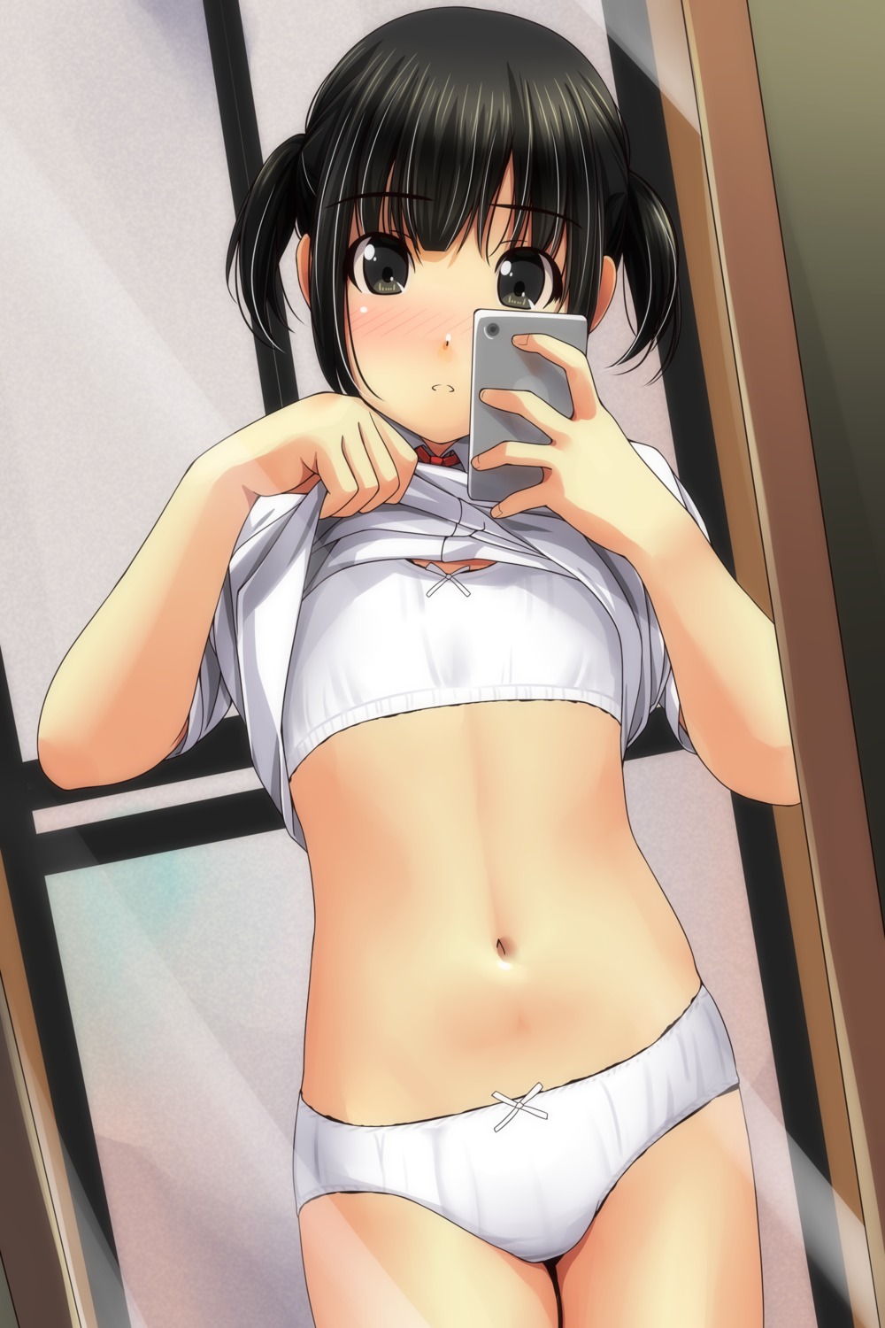 bra cleavage loli matsunaga_kouyou pantsu seifuku selfie shirt_lift