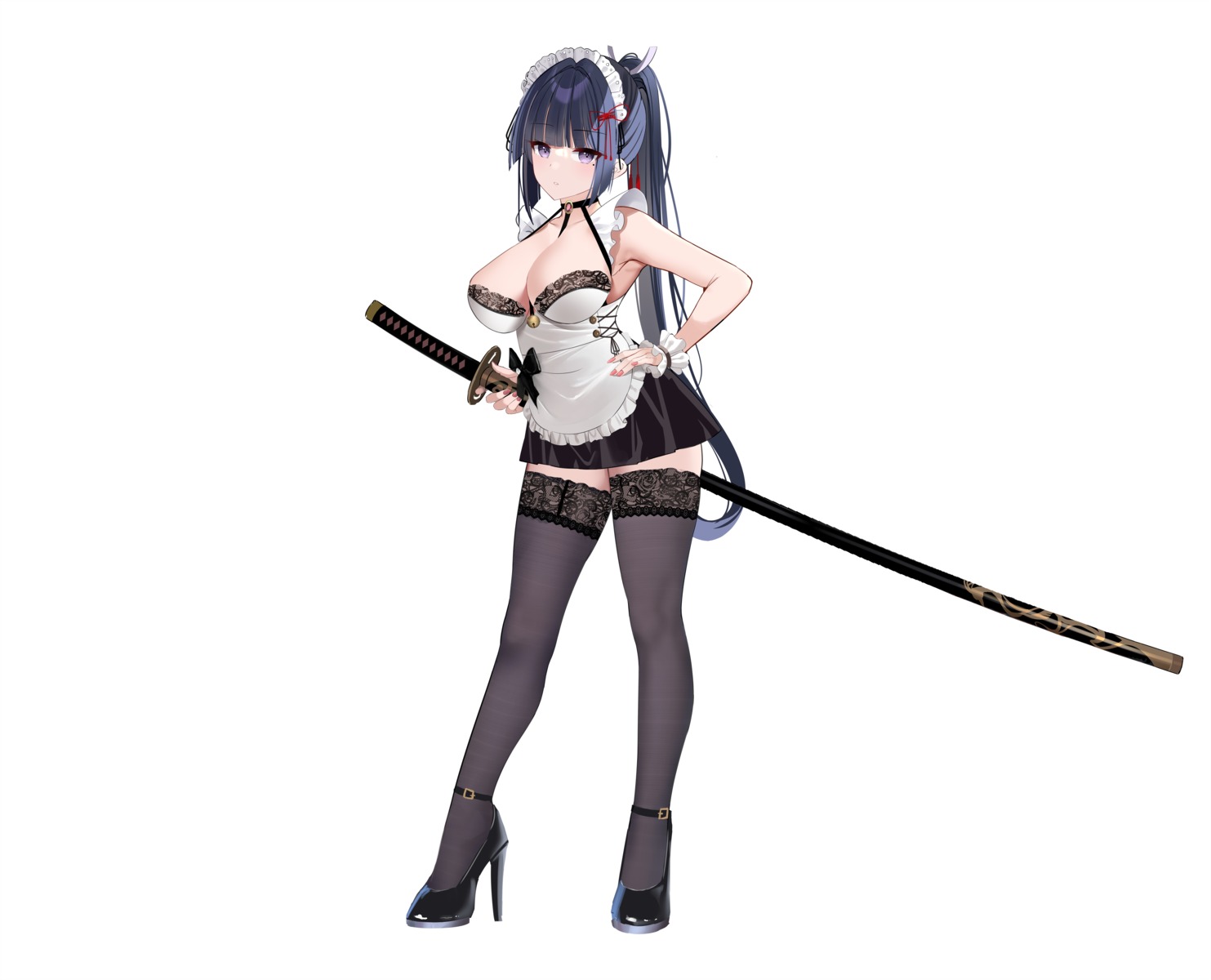 heels maid muka_tsuku no_bra sword thighhighs