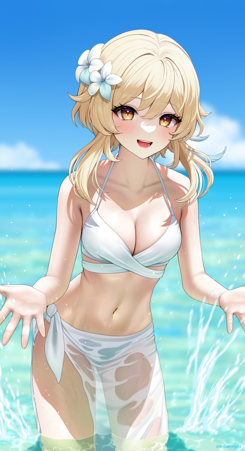 bikini genshin_impact kohanayuki lumine see_through swimsuits wet wet_clothes