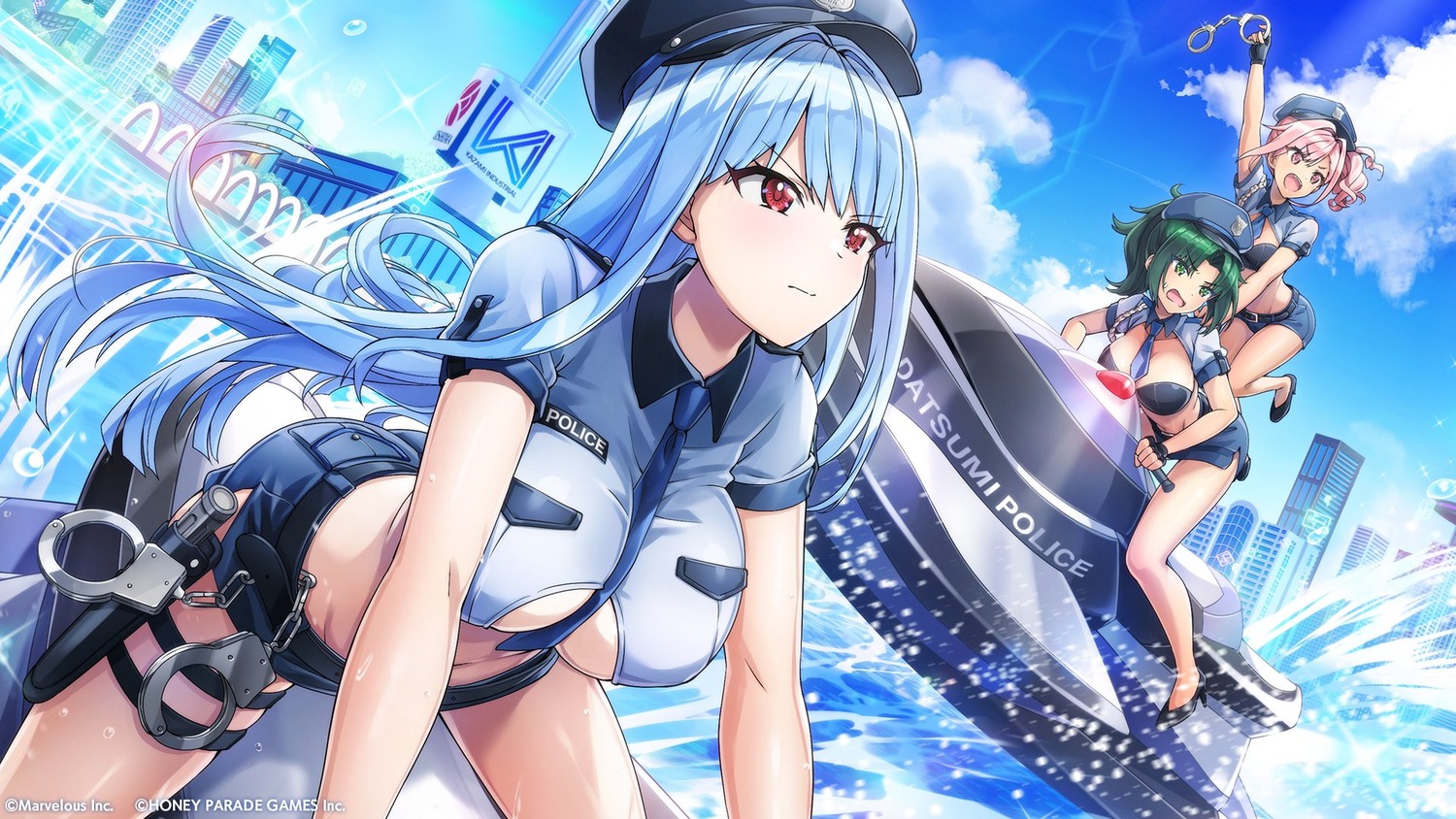 dolphin_wave garter harunami_anri heels nayuki_hiori no_bra police_uniform takuji urami_kana wallpaper