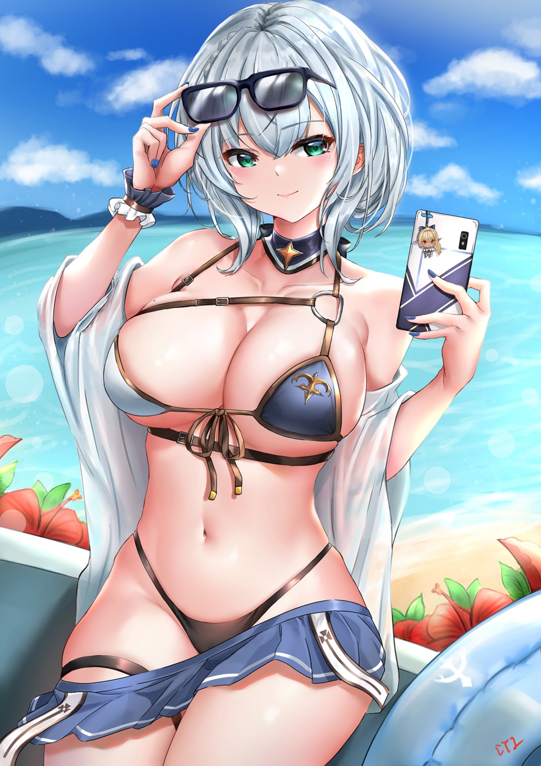 bikini cyicheng garter hololive megane open_shirt see_through shirogane_noel swimsuits