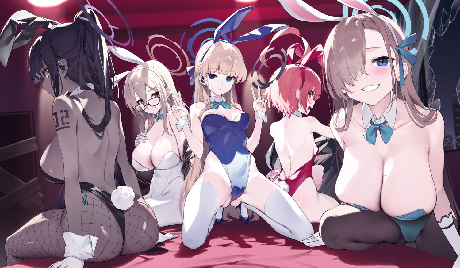 animal_ears ass asuma_toki blue_archive bunny_ears bunny_girl fishnets halo heels ichinose_asuna kakudate_karin loli megane mikamo_neru murokasa_akane no_bra pantyhose tail tattoo thighhighs yaguo