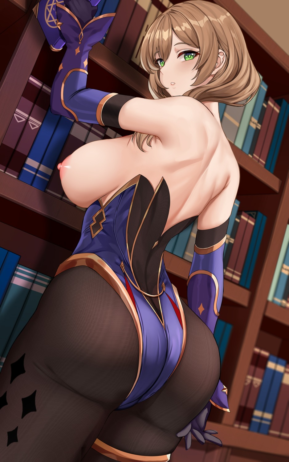 ass breasts cosplay garter genshin_impact leotard lisa_(genshin_impact) mona_megistus nipples no_bra pantyhose piukute062