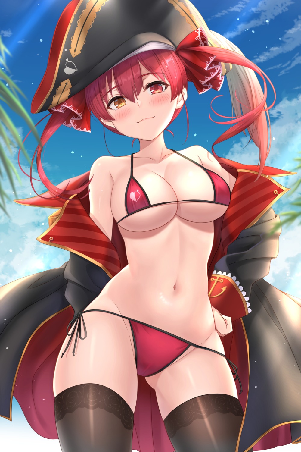 bikini cameltoe heterochromia hololive houshou_marine keikei open_shirt pirate swimsuits thighhighs