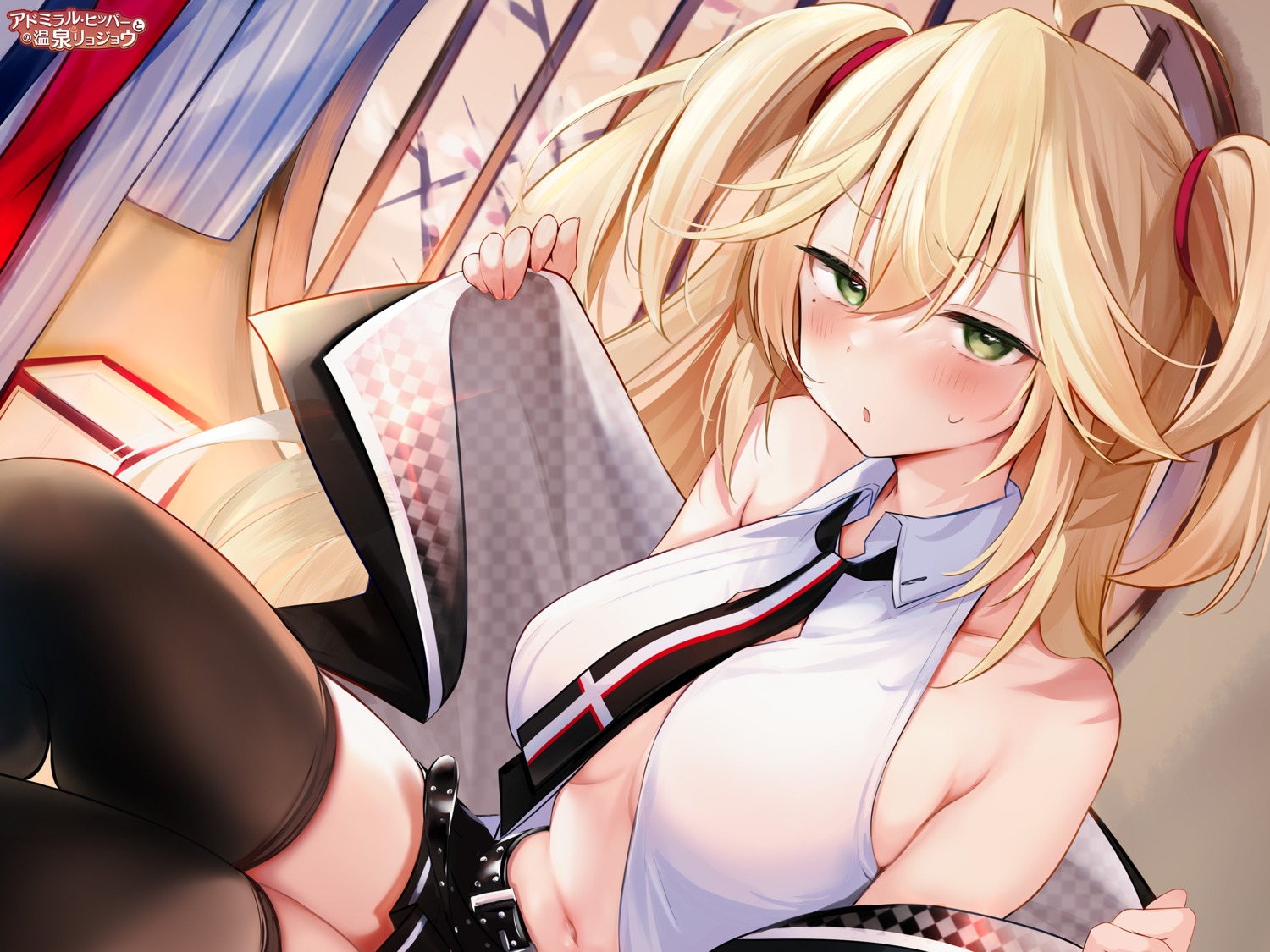 admiral_hipper_(azur_lane) azur_lane nekomugiharu no_bra official_watermark open_shirt see_through thighhighs undressing