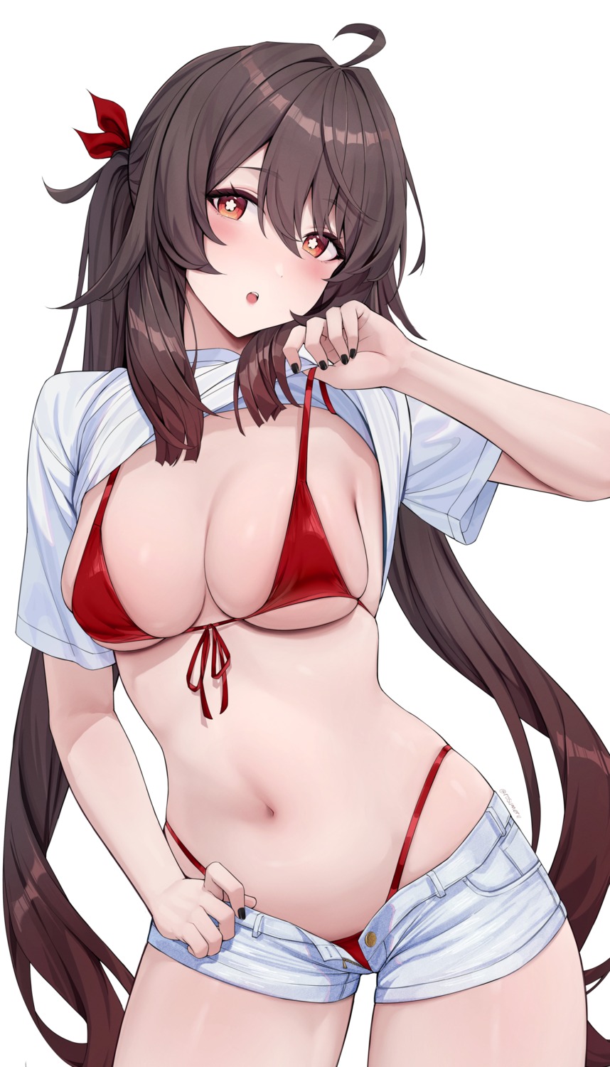 bikini genshin_impact hu_tao rosumerii shirt_lift swimsuits undressing