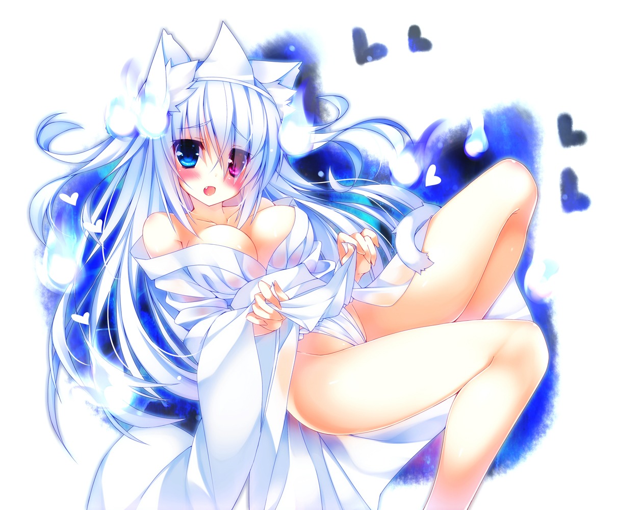 animal_ears cleavage fundoshi heterochromia no_bra ojitea skirt_lift tail yukata