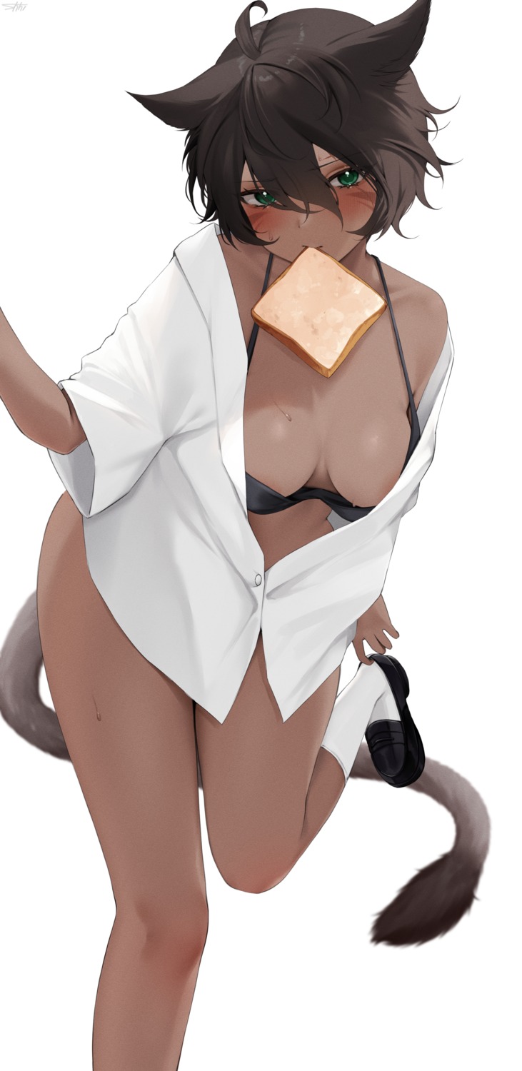 animal_ears bra dress_shirt final_fantasy final_fantasy_xiv miqo'te nekomimi open_shirt shhilee tail