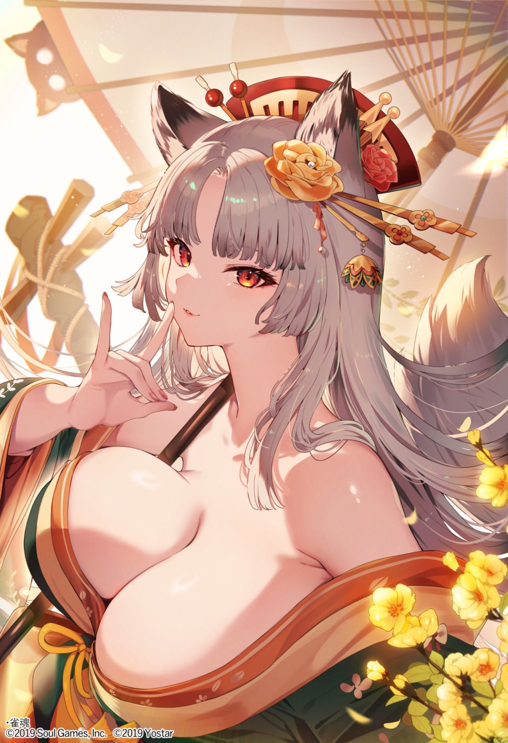 animal_ears japanese_clothes kat_(bu-kunn) kitsune majsoul no_bra open_shirt tail toujou_kurone umbrella