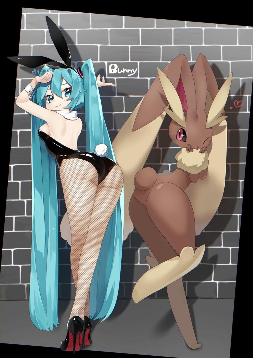 animal_ears ass bunny_ears bunny_girl crossover hatsune_miku heels lopunny no_bra pantyhose pokemon reirou_(chokoonnpu) tail vocaloid