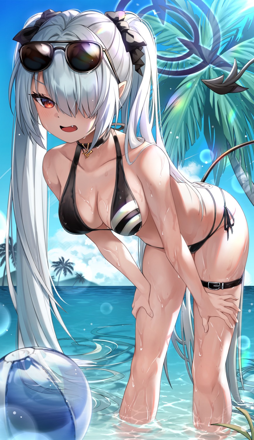 bikini blue_archive garter halo horns megane pointy_ears pruding shiromi_iori swimsuits tail wet