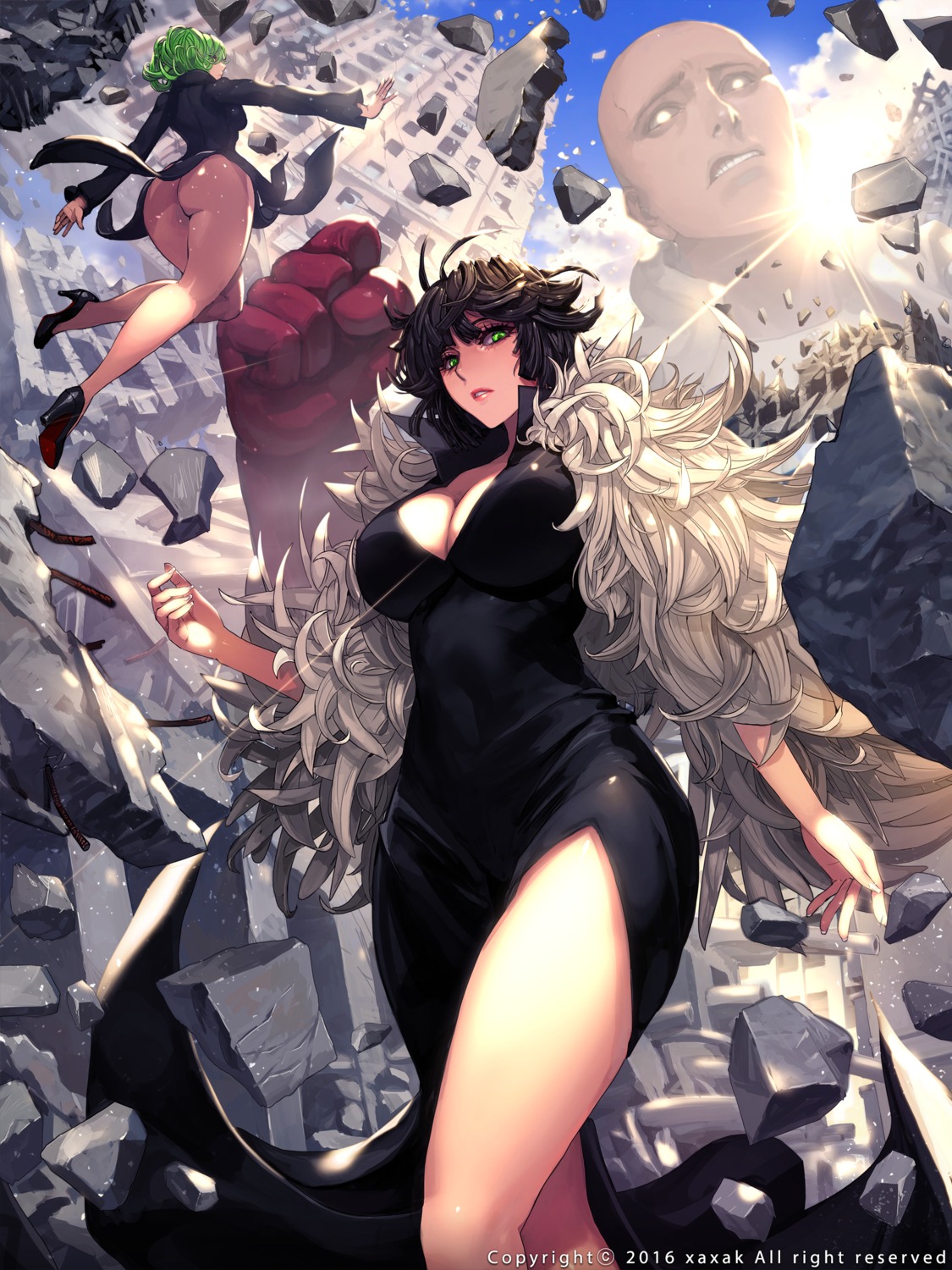 ass cleavage dress fubuki_(one_punch_man) heels nopan one_punch_man saitama tatsumaki_(one_punch_man) xaxak