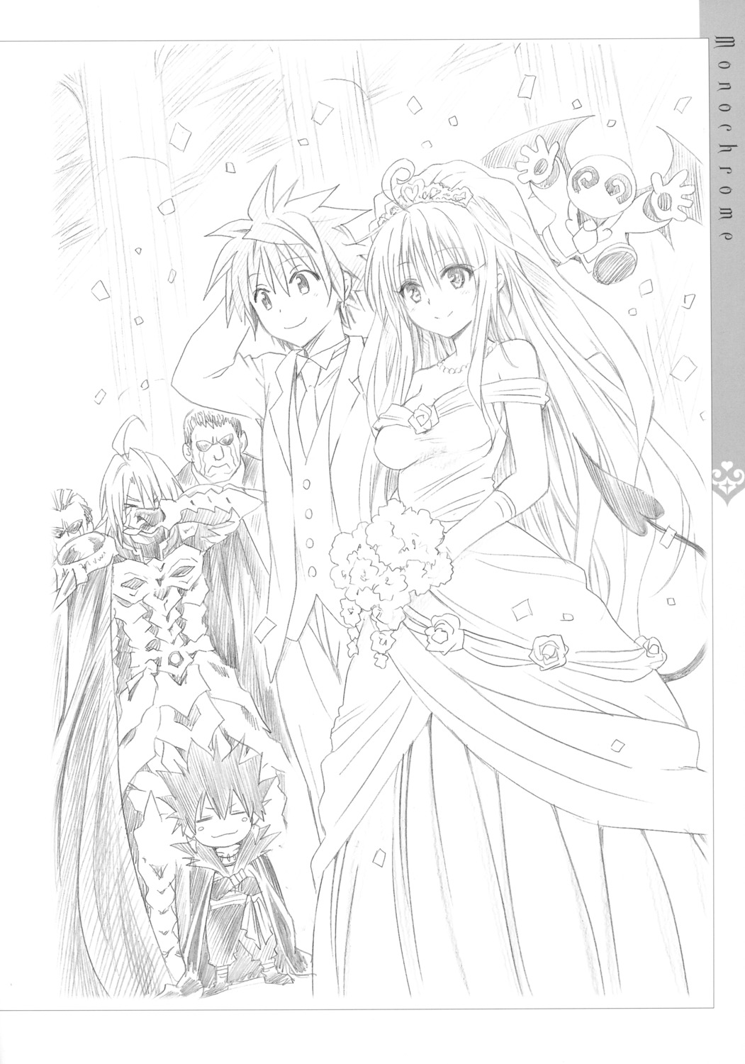 armor dress gid_lucion_deviluke lala_satalin_deviluke megane monochrome peke sketch tail to_love_ru to_love_ru_darkness wedding_dress yabuki_kentarou yuuki_rito zastin