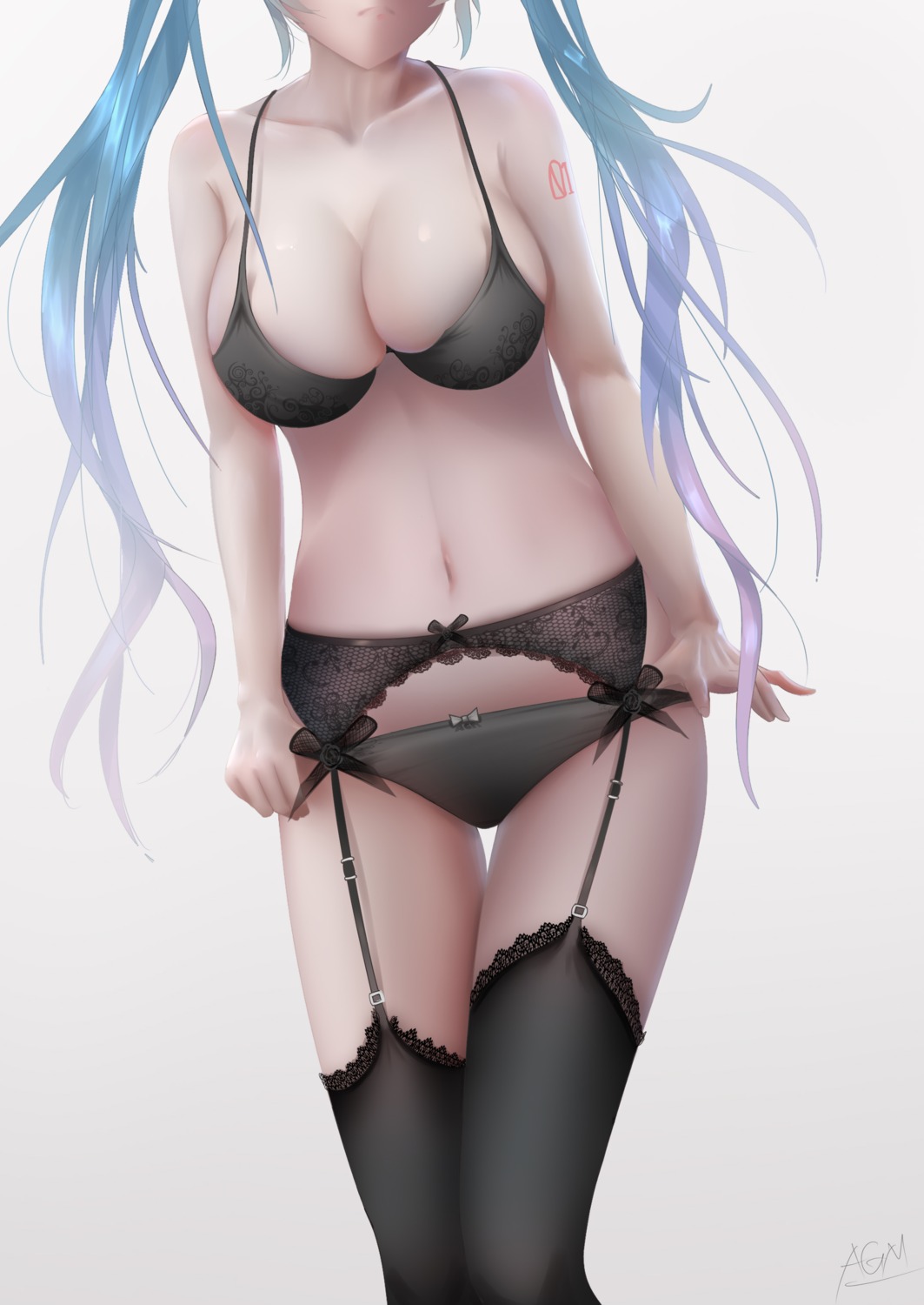 bra cleavage garter_belt hatsune_miku lingerie omone_hokoma_agm pantsu panty_pull stockings tattoo thighhighs undressing vocaloid