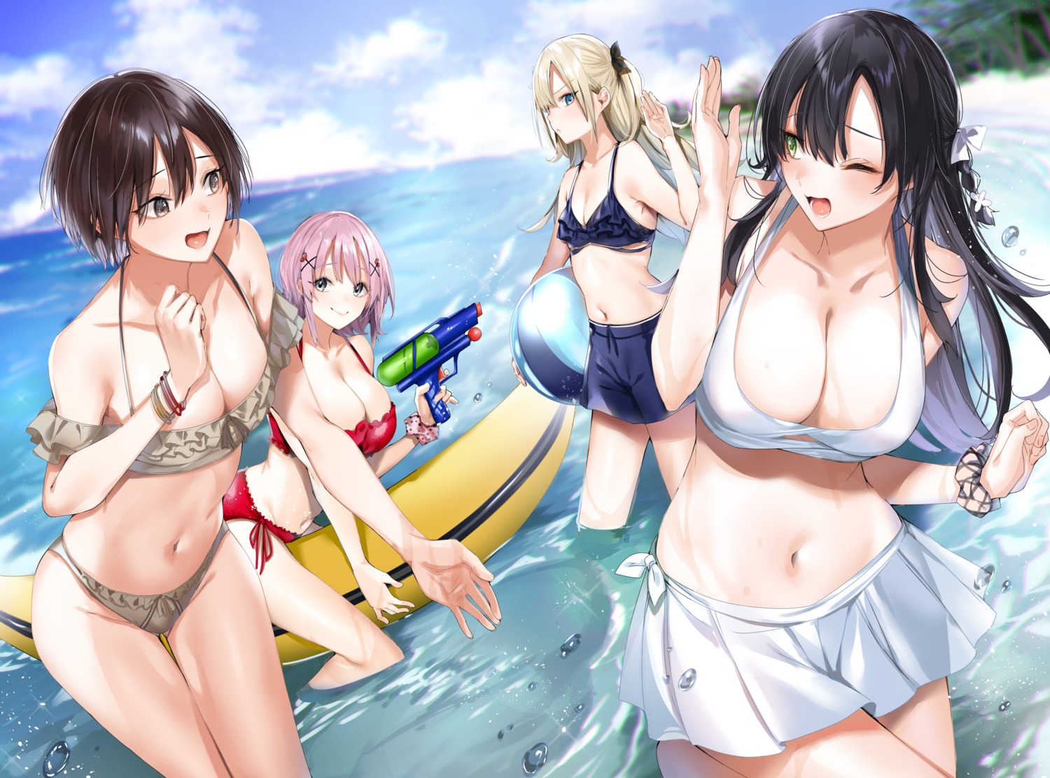 bikini cleavage gun hitotsuba_kaede kakao miyamoto_yui nikaidou_ai_(ryoushin_no_shakkin) ootsuki_akiho ryoushin_no_shakkin_wo_katagawari_shite_morau_jouken_wa_nihonichi_kawaii_joshikousei_to_issho_ni_kurasu_koto_deshita. swimsuits wet