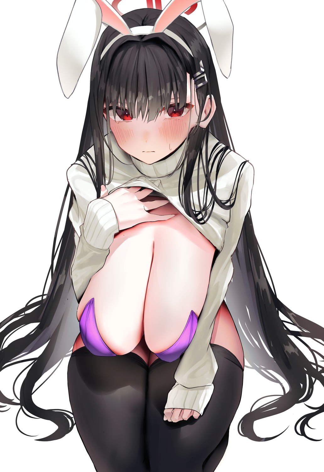 animal_ears blue_archive bunny_ears bunny_girl halo nidaime no_bra shirt_lift sweater thighhighs tsukatsuki_rio