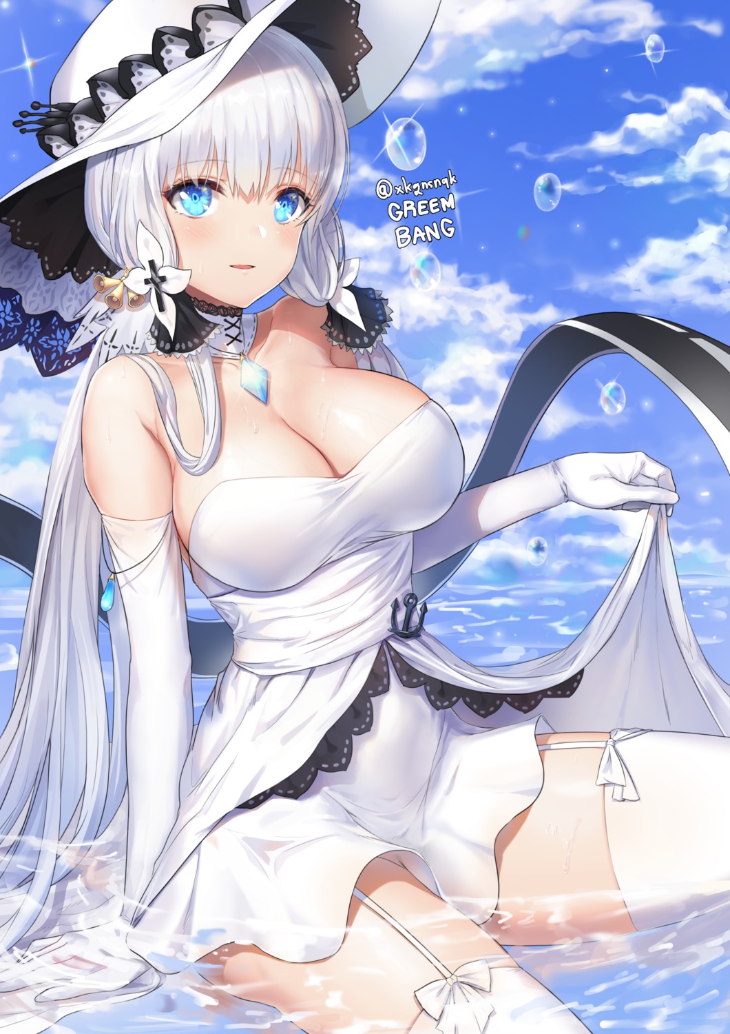 azur_lane cleavage dress greem_bang illustrious_(azur_lane) skirt_lift stockings thighhighs wet