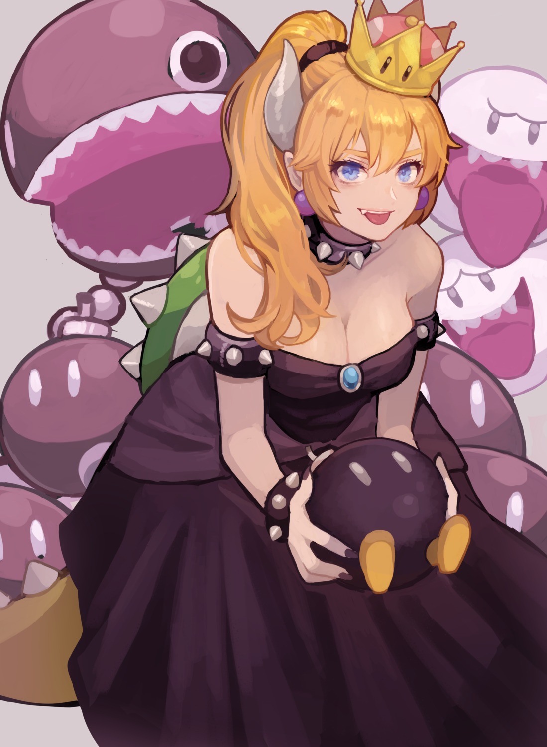 bowsette cleavage dress horns new_super_mario_bros._u_deluxe no_bra saino tail