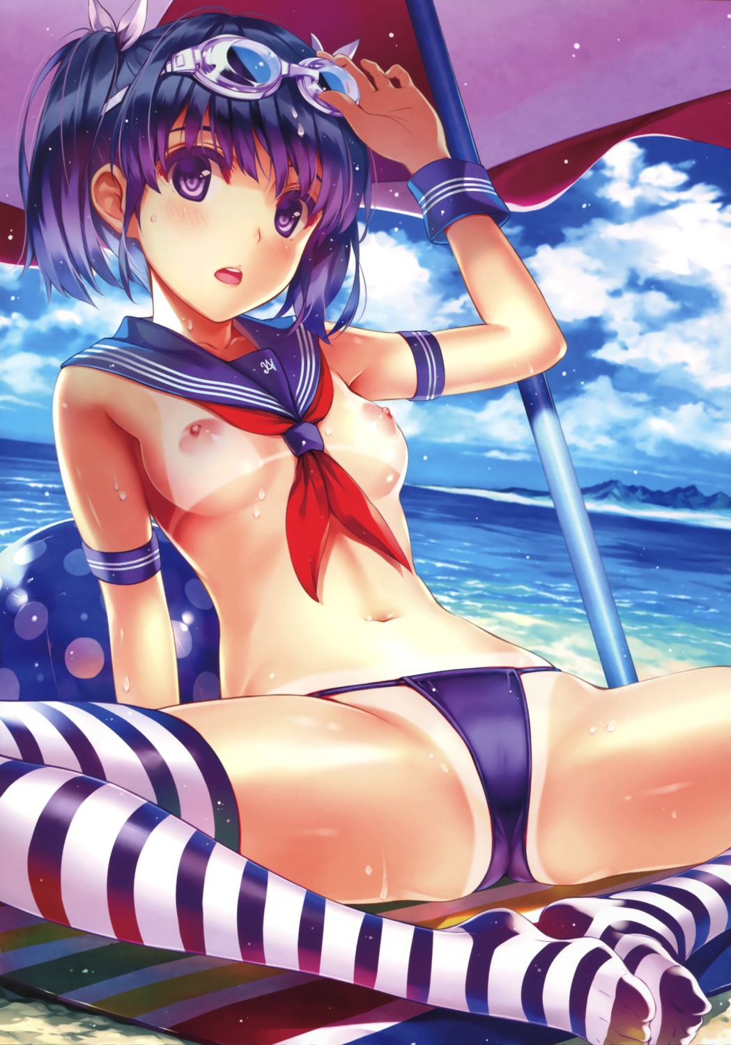 bikini cameltoe comic_aun feet misaki_kurehito nanami_negi nipples seifuku swimsuits tan_lines thighhighs wet