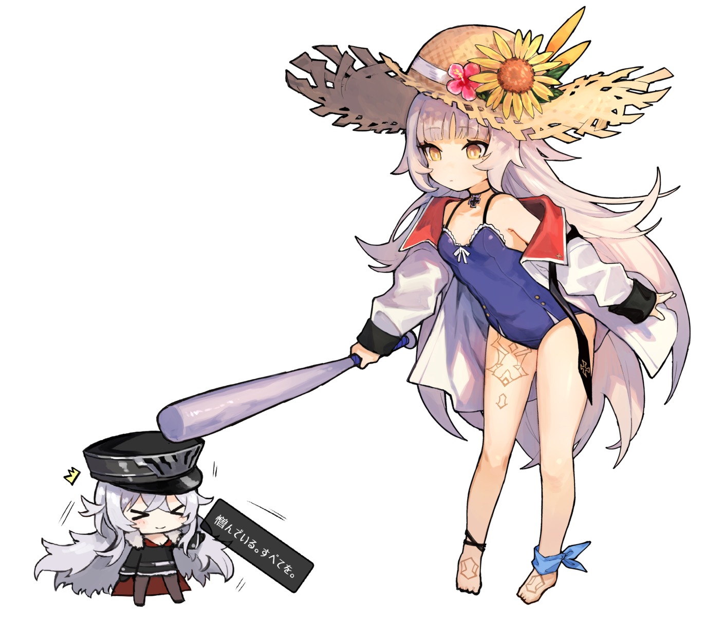 azur_lane chibi cleavage graf_zeppelin_(azur_lane) mephist open_shirt pantyhose swimsuits tattoo uniform z46_(azur_lane)