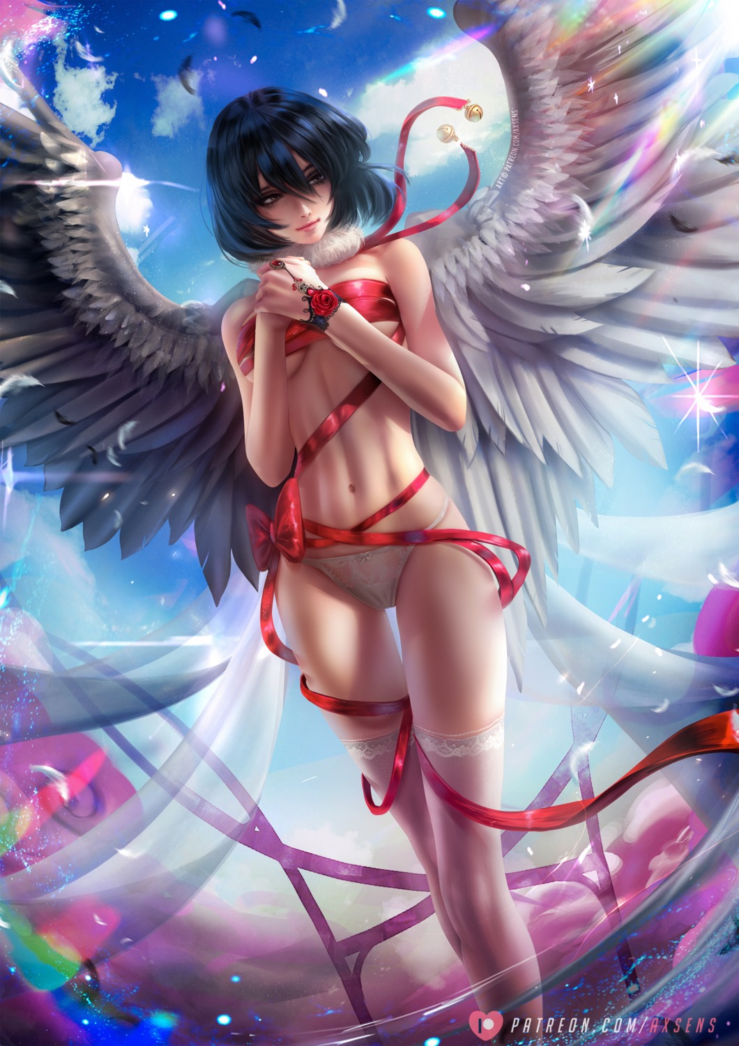 axsens mikasa_ackerman naked_ribbon pantsu shingeki_no_kyojin thighhighs wings