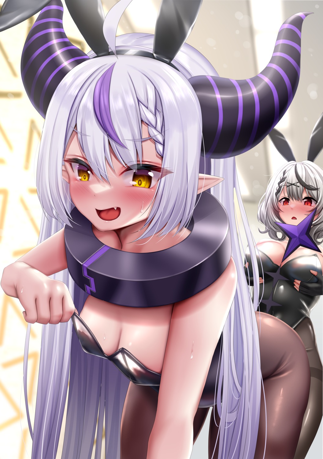 animal_ears breast_hold bunny_ears bunny_girl hololive horns la+_darknesss loli no_bra pantyhose pointy_ears sakamata_chloe strelka_belca tail undressing