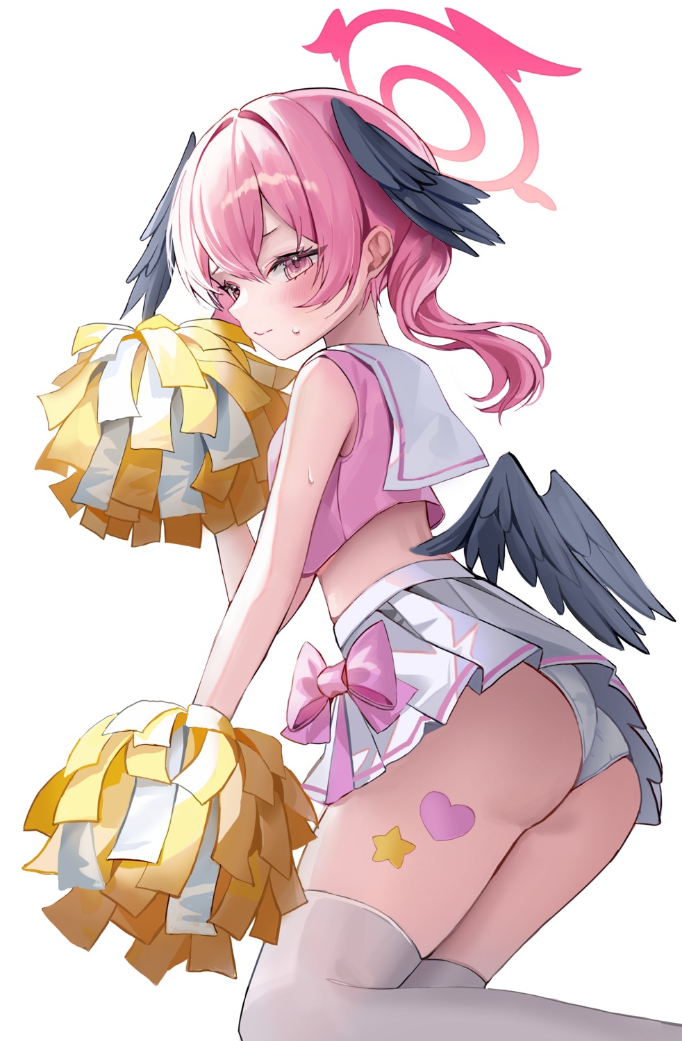 ass blue_archive cheerleader halo loli pantsu ri_yonn shimoe_koharu skirt_lift tattoo thighhighs thong wings