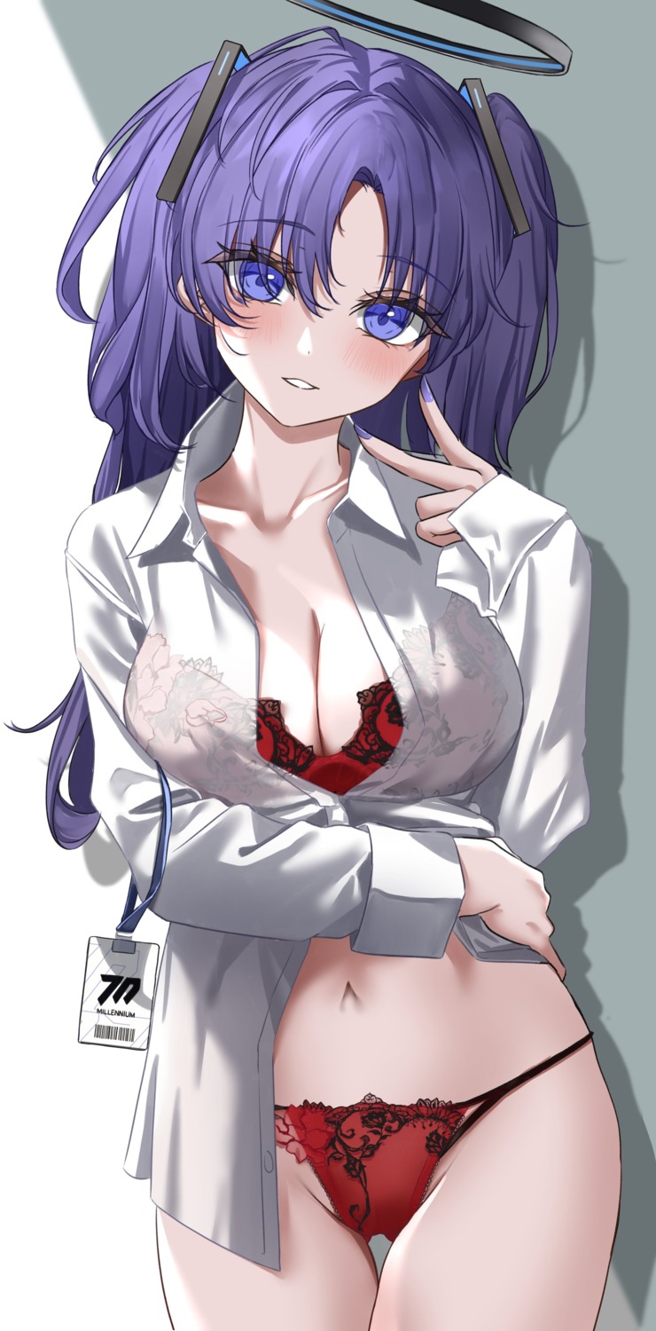 blue_archive bra dress_shirt halo hayase_yuuka open_shirt pantsu see_through thong vayneeeee