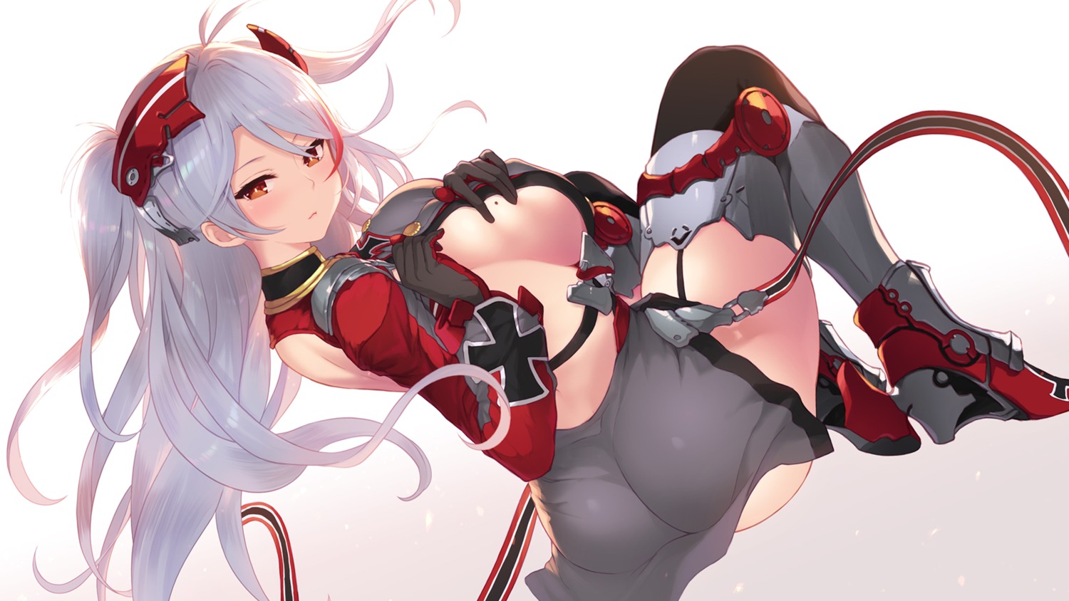 ass azur_lane breast_hold cait heels no_bra prinz_eugen_(azur_lane) skirt_lift stockings thighhighs uniform wallpaper