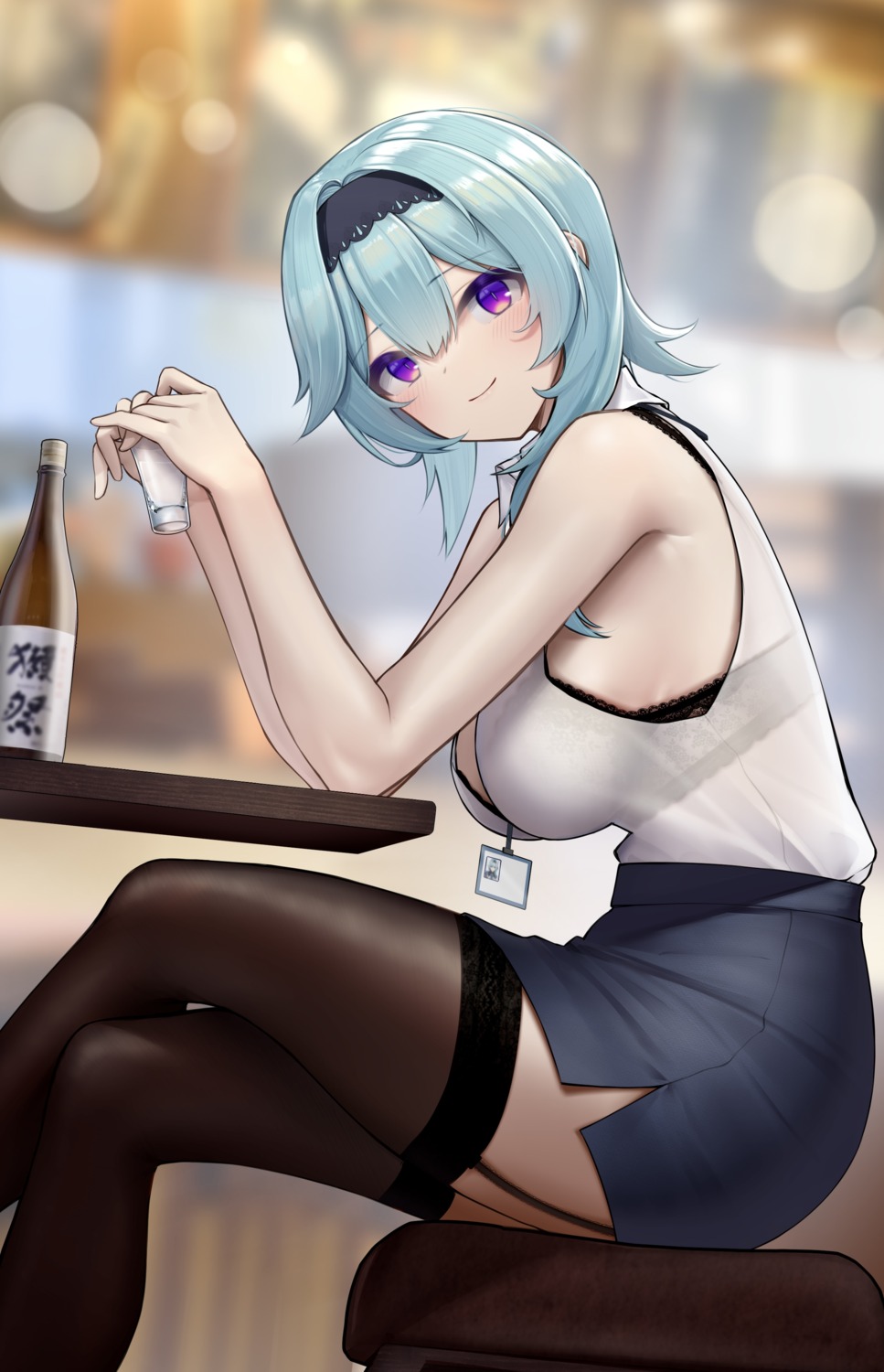 bra dress_shirt eula genshin_impact open_shirt sake see_through stockings terebi_(shimizu1996) thighhighs