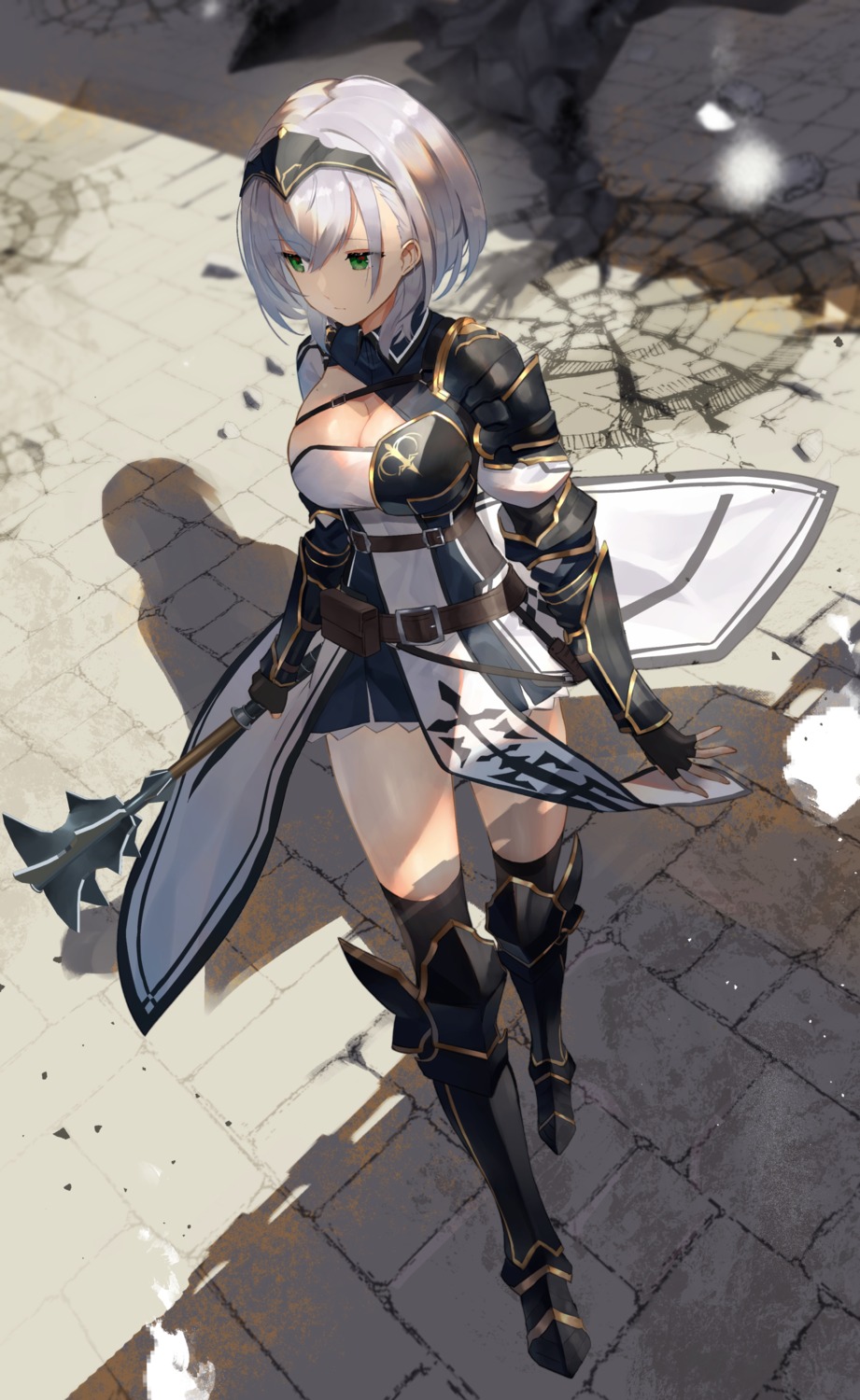 armor cleavage hololive scottie shirogane_noel thighhighs weapon