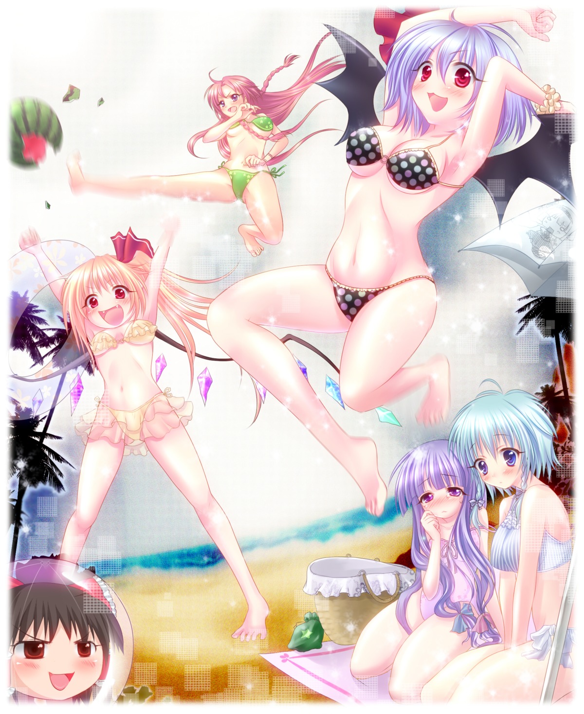 bikini cleavage flandre_scarlet hakurei_reimu hong_meiling izayoi_sakuya maryquant patchouli_knowledge remilia_scarlet swimsuits touhou underboob