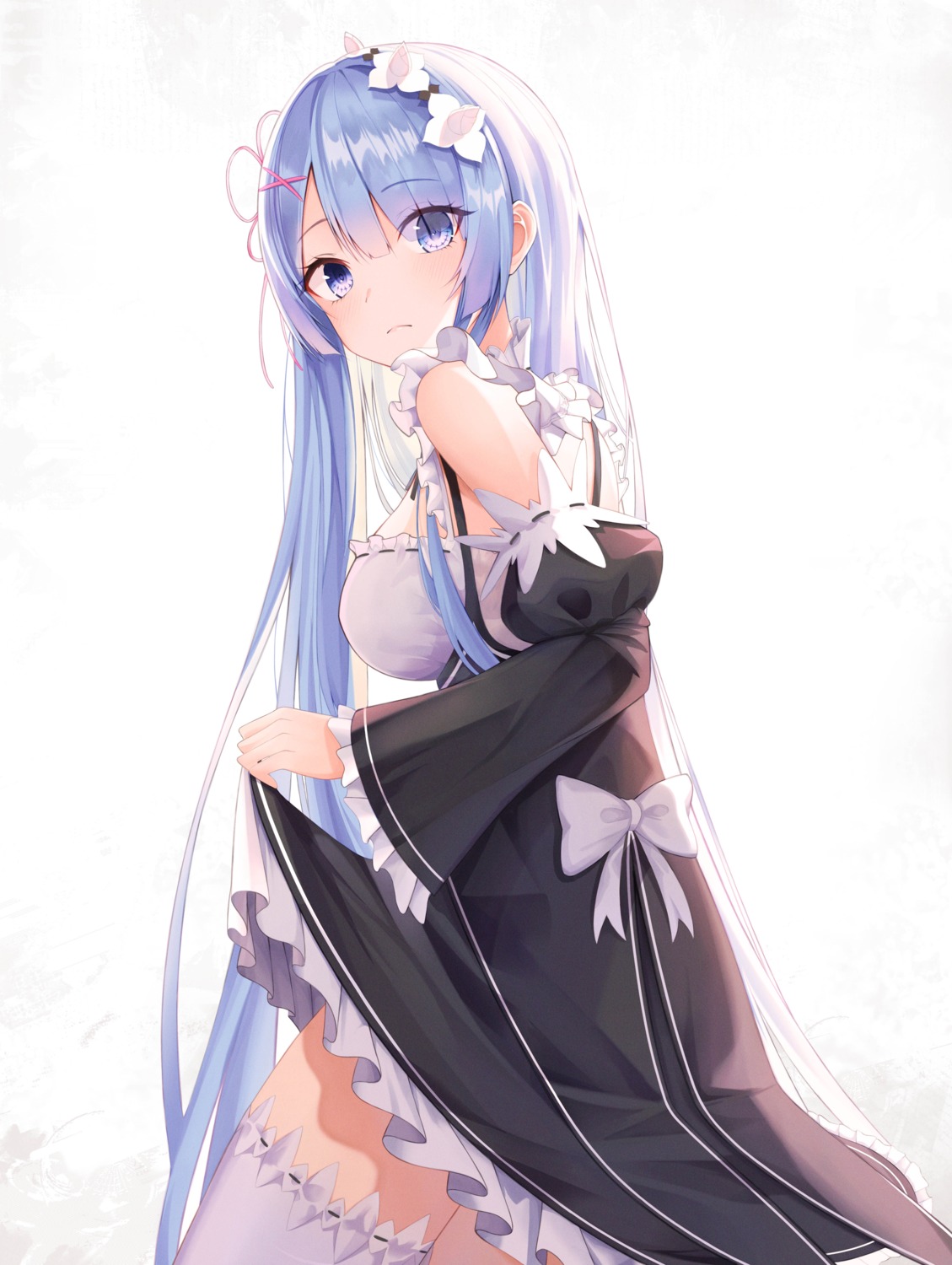 fakegeo maid re_zero_kara_hajimeru_isekai_seikatsu rem_(re_zero) skirt_lift thighhighs