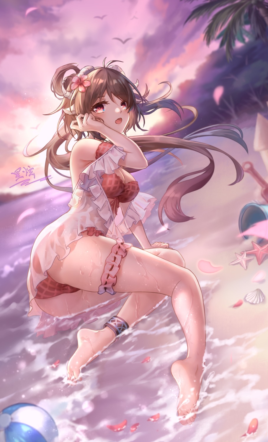 animal_ears arknights ass bikini eyjafjalla_(arknights) feet garter horns open_shirt see_through swimsuits wet wet_clothes yelan_xing_xuan