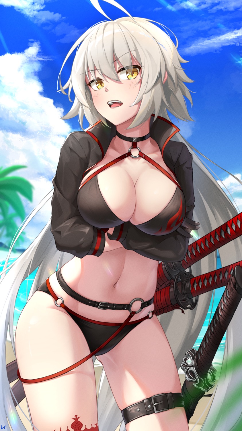 bikini fate/grand_order fate/stay_night garter gin9684 jeanne_d'arc jeanne_d'arc_alter_(fate) open_shirt swimsuits sword