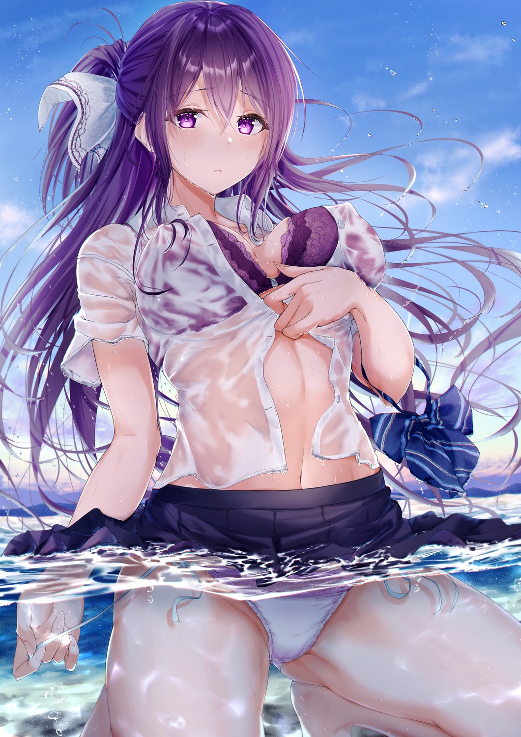 bra meen_(ouaughikepdvrsf) open_shirt pantsu see_through seifuku skirt_lift string_panties undressing wet wet_clothes