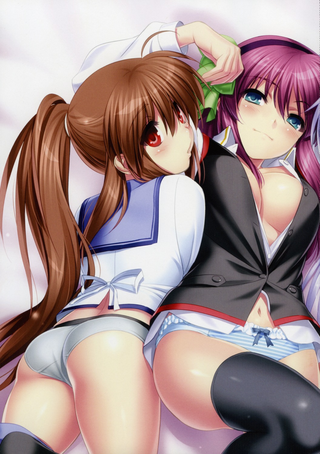 angel_beats! ass cleavage little_busters! nakamura_yuri natsume_rin no_bra open_shirt pantsu seifuku shimapan thighhighs zen