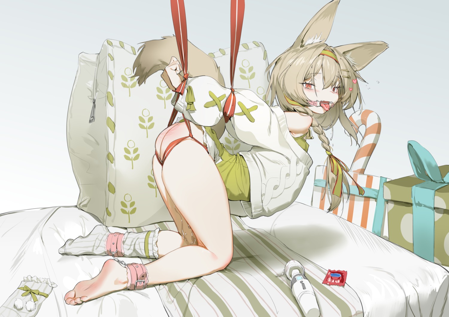 animal_ears arknights ass beanstalk_(arknights) bondage kang_yiqian_(self_cultivation) nopan pussy_juice skirt_lift sweater tail