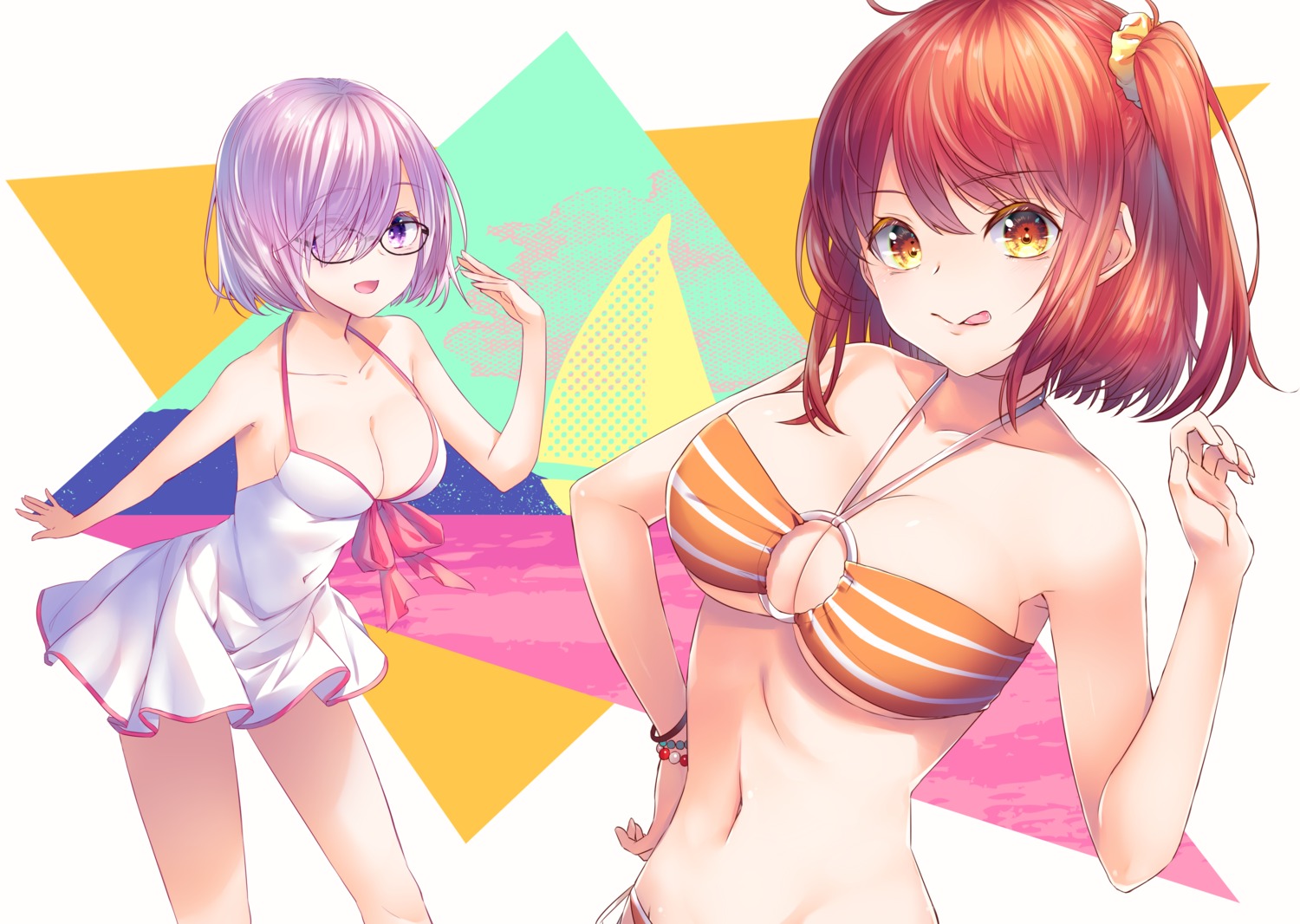 bikini cleavage dress fate/grand_order fujimaru_ritsuka_(female) mash_kyrielight megane miyashita_maka summer_dress swimsuits underboob