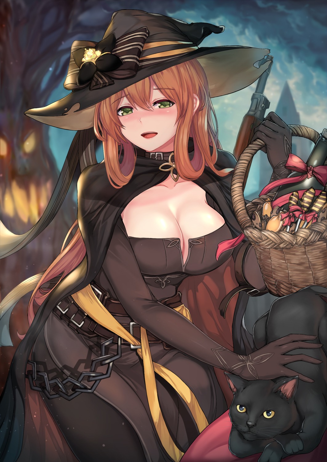 artist_revision beluga_dolphin cleavage dress girls_frontline gun halloween neko pantyhose springfield_(girls_frontline) witch