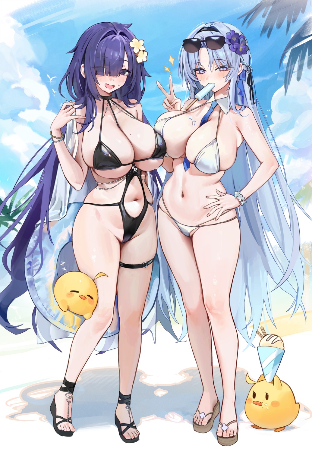 alsace_(azur_lane) azur_lane bikini cream garter gompang_11 manjuu_(azur_lane) megane mogador_(azur_lane) swimsuits symmetrical_docking thong