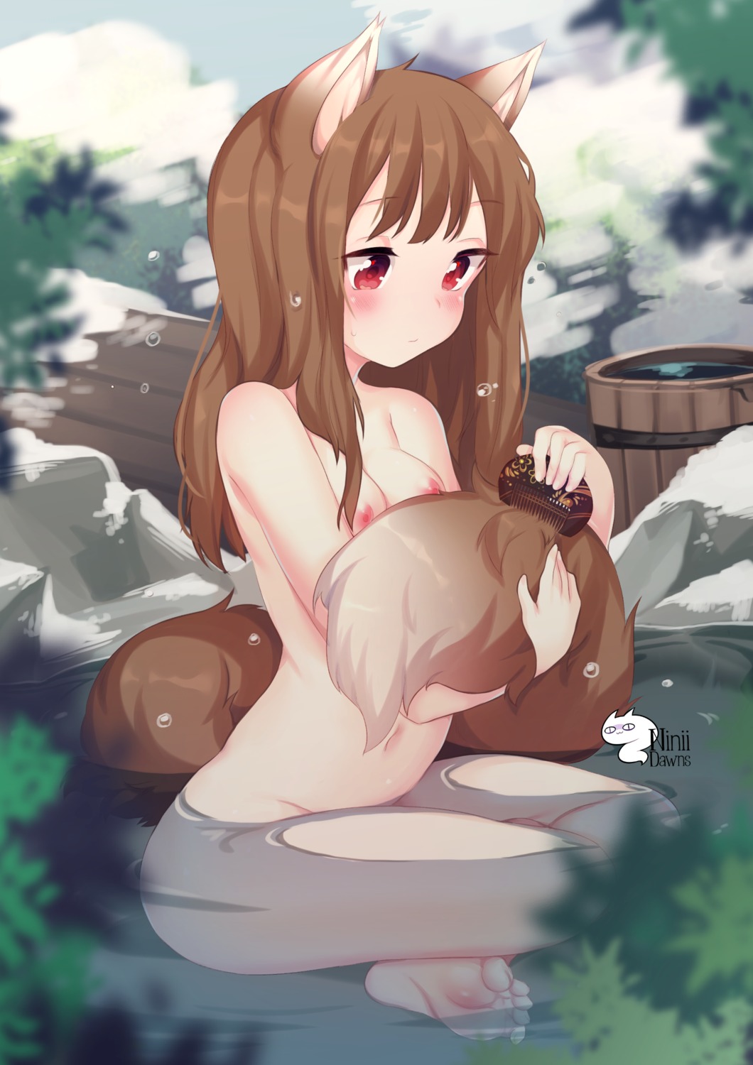 animal_ears bathing holo loli naked niniidawns nipples onsen spice_and_wolf tail wet