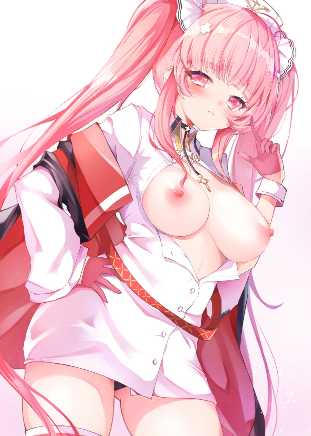 azur_lane breasts mizuno_tera nipples no_bra nurse open_shirt pantsu perseus_(azur_lane) thighhighs