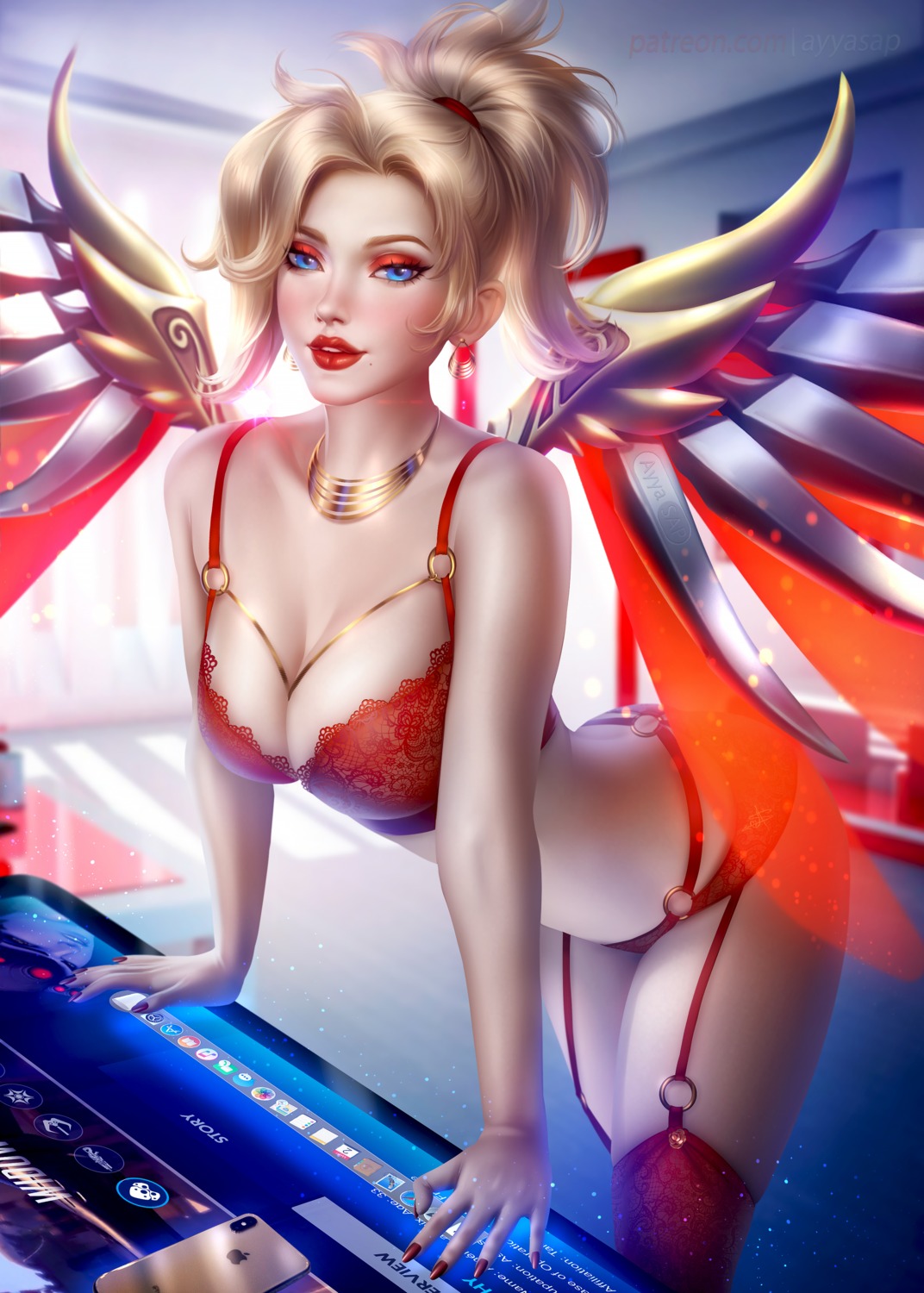 ayyasap bra lingerie mercy_(overwatch) overwatch pantsu stockings thighhighs wings