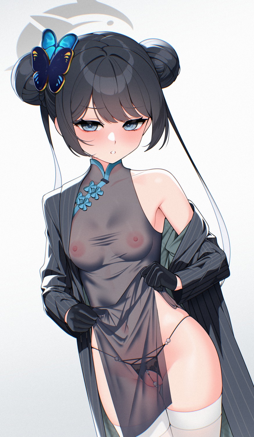 blue_archive chinadress ett halo loli nipples no_bra pantsu pussy ryuuge_kisaki see_through skirt_lift thighhighs thong uncensored