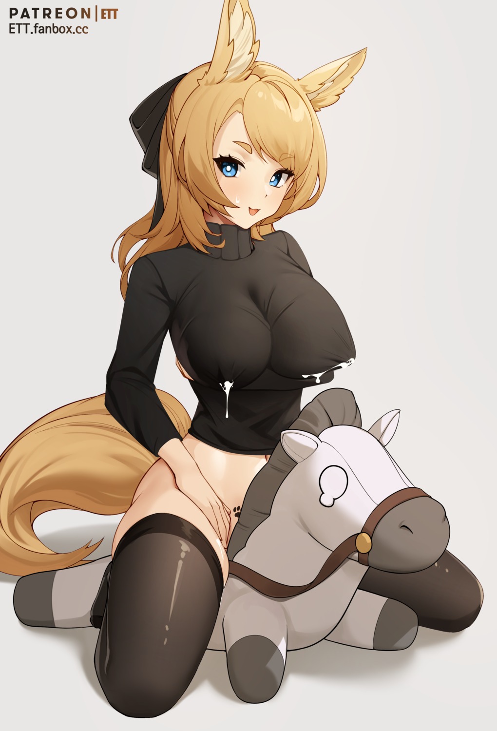 animal_ears arknights bottomless breast_hold cream erect_nipples ett lactation sweater tail tattoo thighhighs whislash_(arknights)