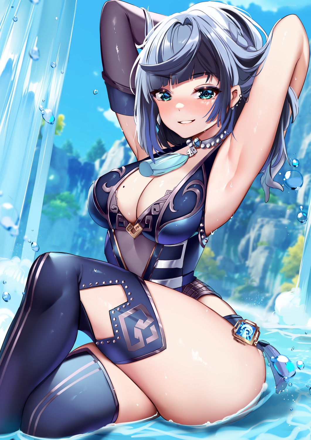 genshin_impact squchan thighhighs wet yelan