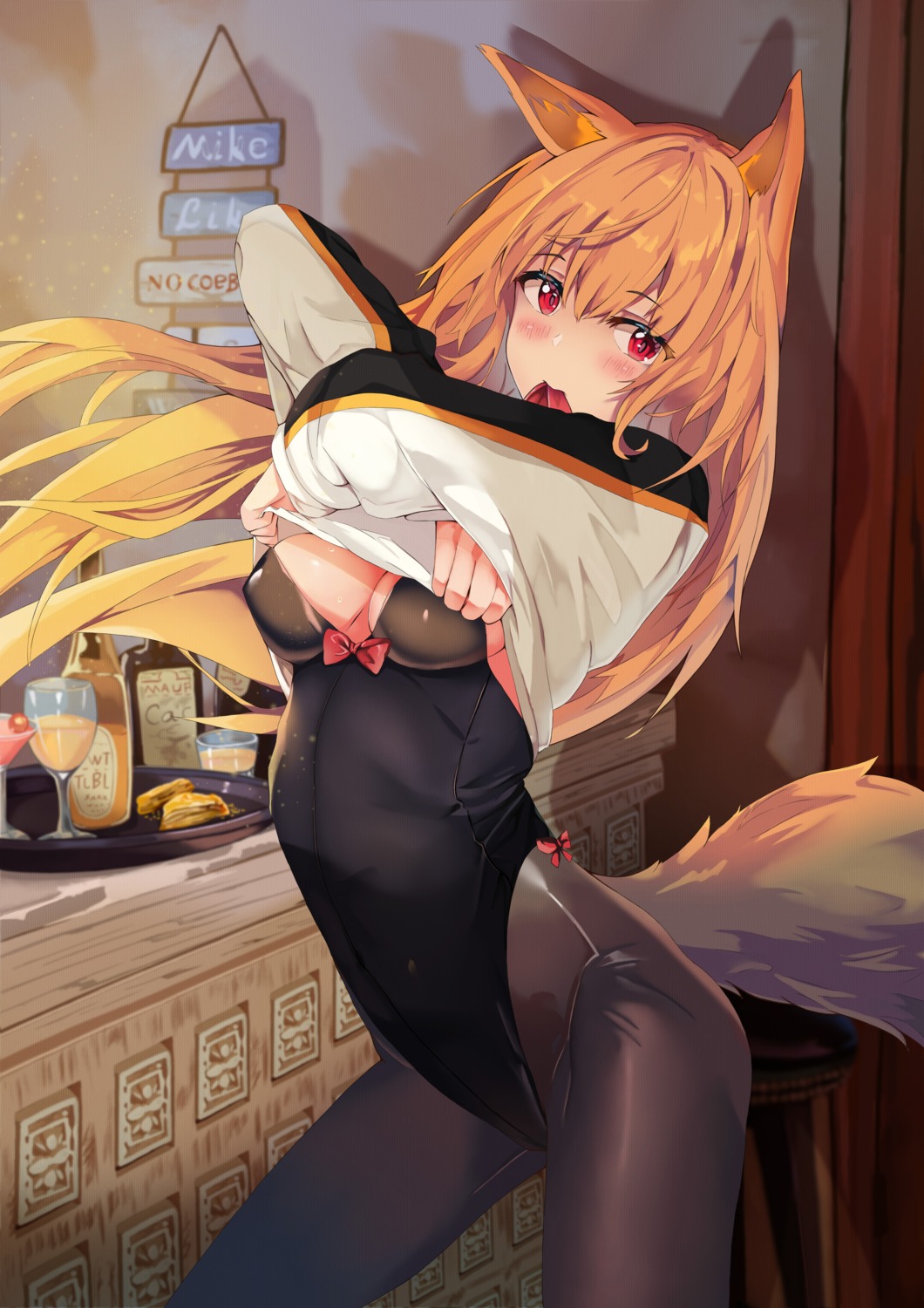 animal_ears arknights auguste ceobe_(arknights) inumimi leotard no_bra pantyhose shirt_lift tail undressing