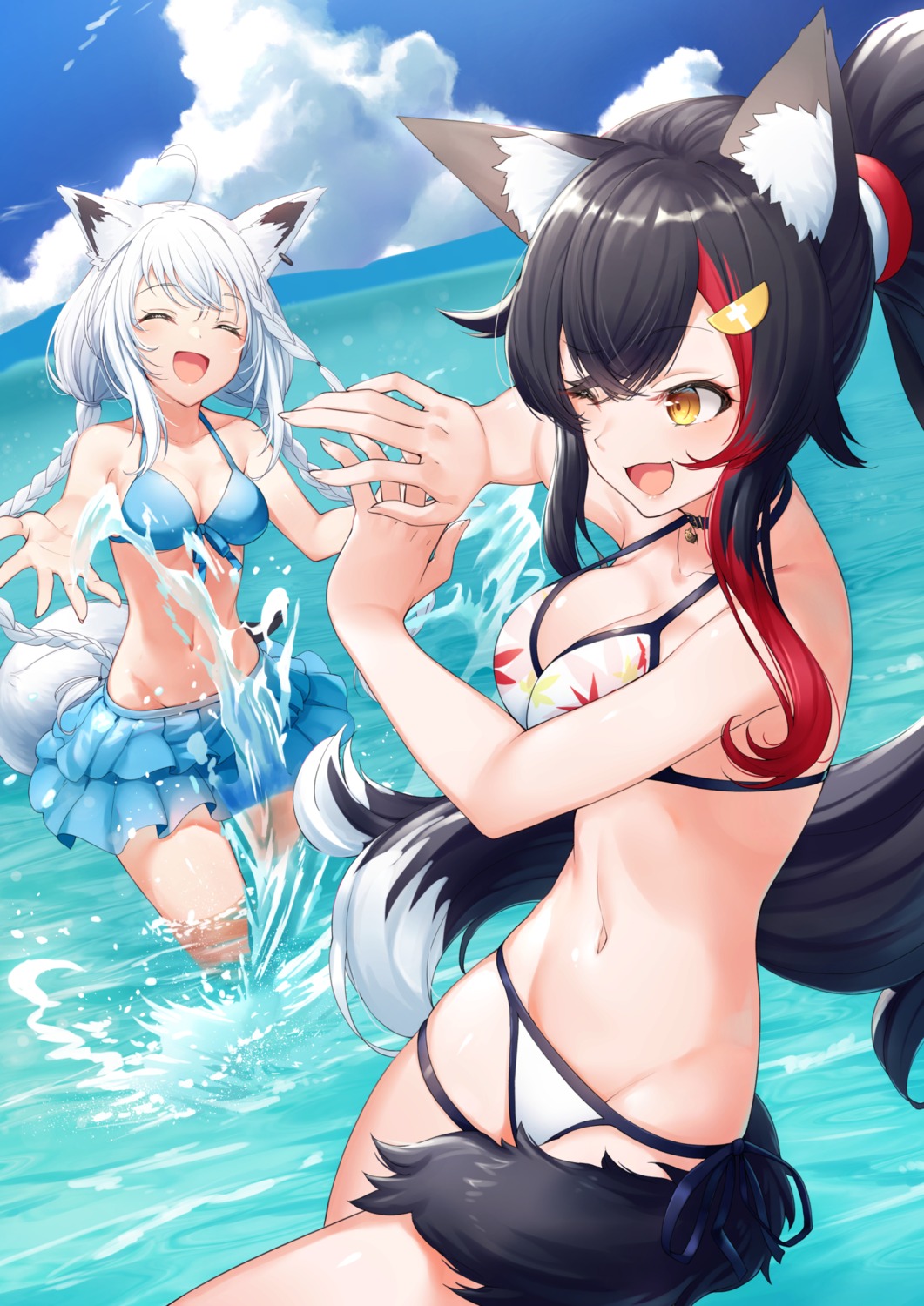 animal_ears bikini cleavage garter hololive hololive_gamers kitsune nishino_eri ookami_mio shirakami_fubuki swimsuits tail wet