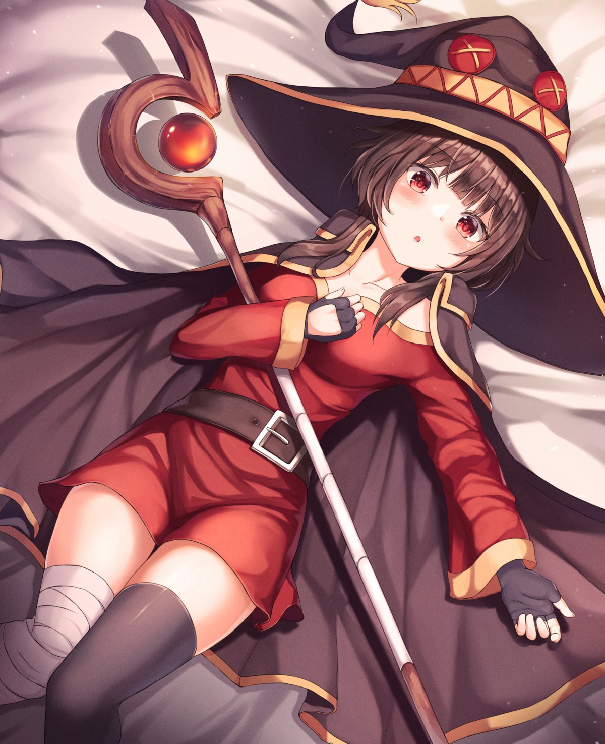 bandages breast_hold dress kono_subarashii_sekai_ni_shukufuku_wo! megumin thighhighs wabbajack weapon witch